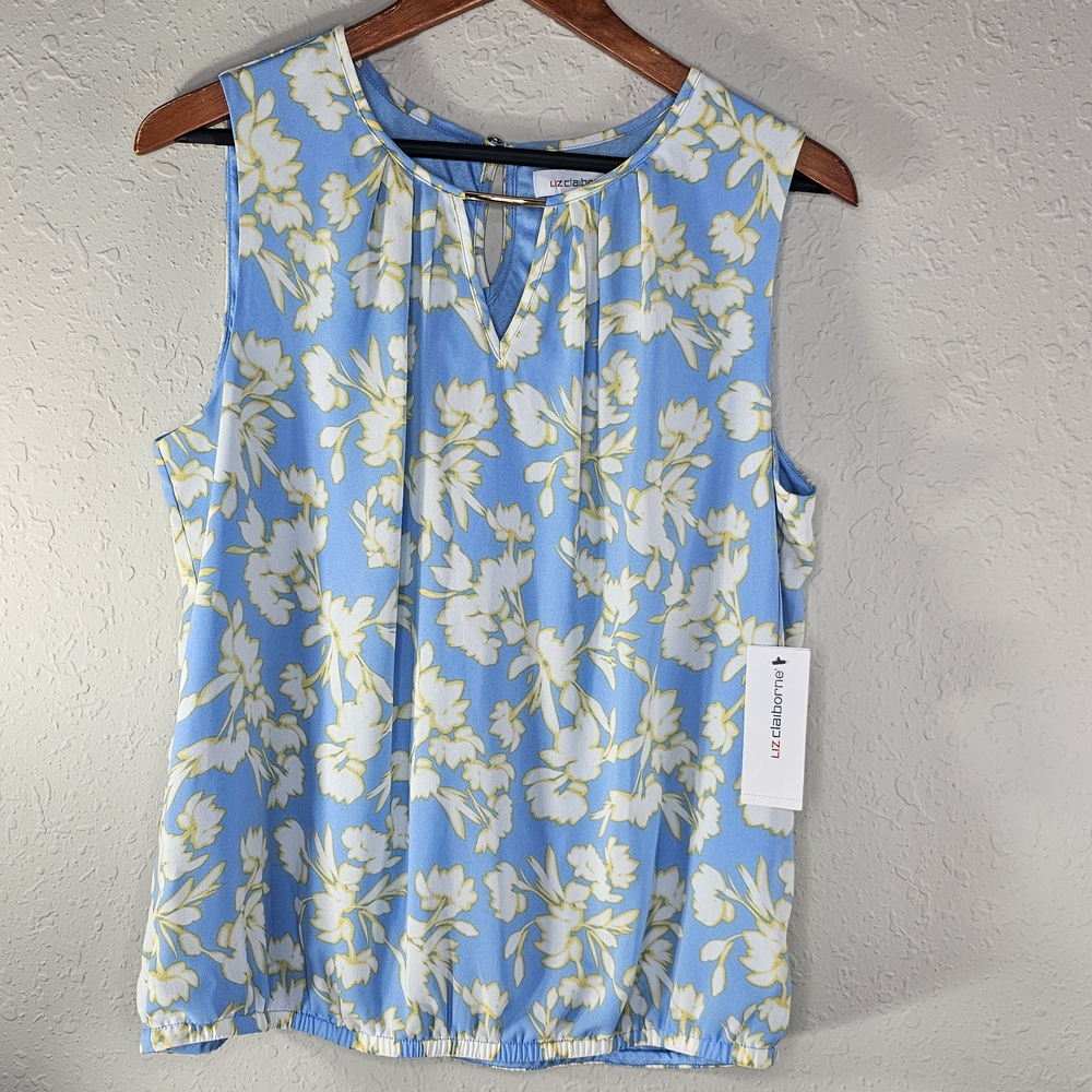 🔥NWT LIZ CLAIBORNE Blue Yellow White Flowers Lined Sleeveless Top - Dressy Med